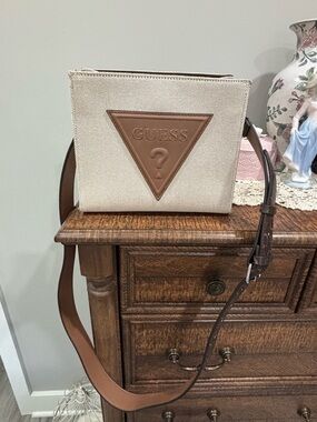 Guess Cream Canvas Crossbody with Brown Leather Logo Triangle